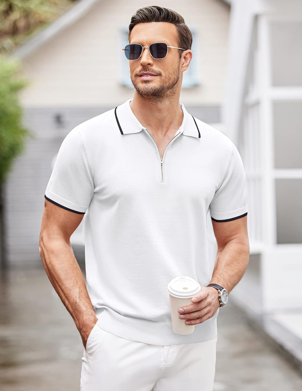 image:imageCOOFANDY Mens Zipper Polo Shirt Casual Knit Short Sleeve Polo Golf T ShirtWhite