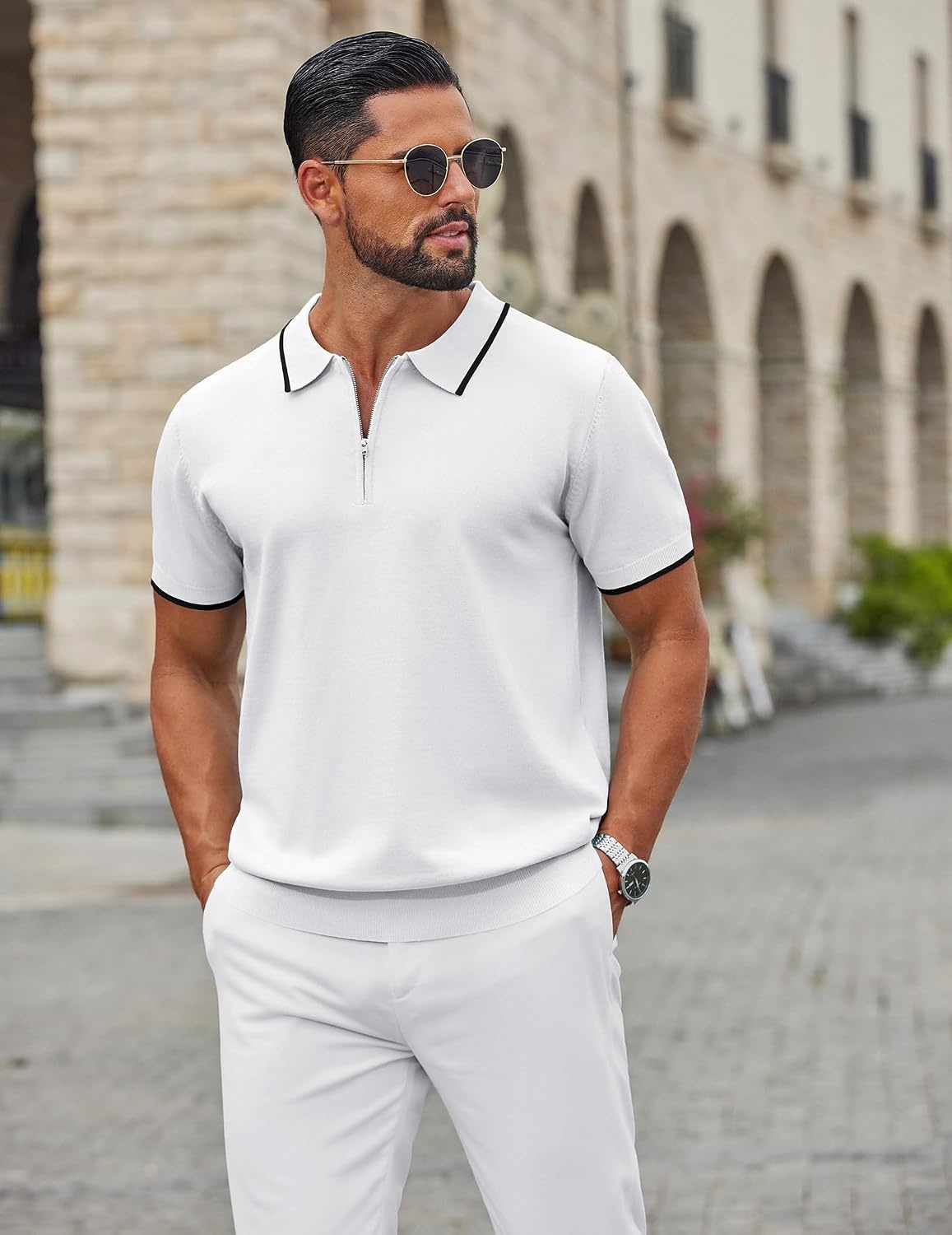 image:imageCOOFANDY Mens Zipper Polo Shirt Casual Knit Short Sleeve Polo Golf T ShirtWhite