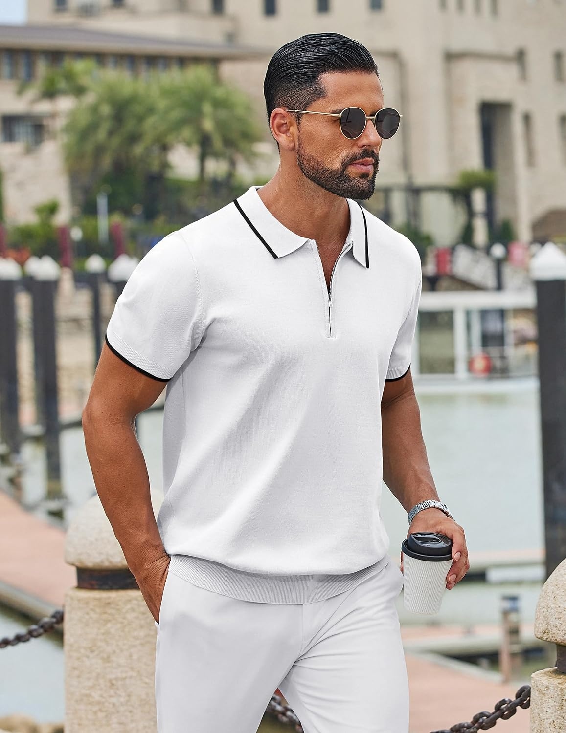 image:imageCOOFANDY Mens Zipper Polo Shirt Casual Knit Short Sleeve Polo Golf T ShirtWhite
