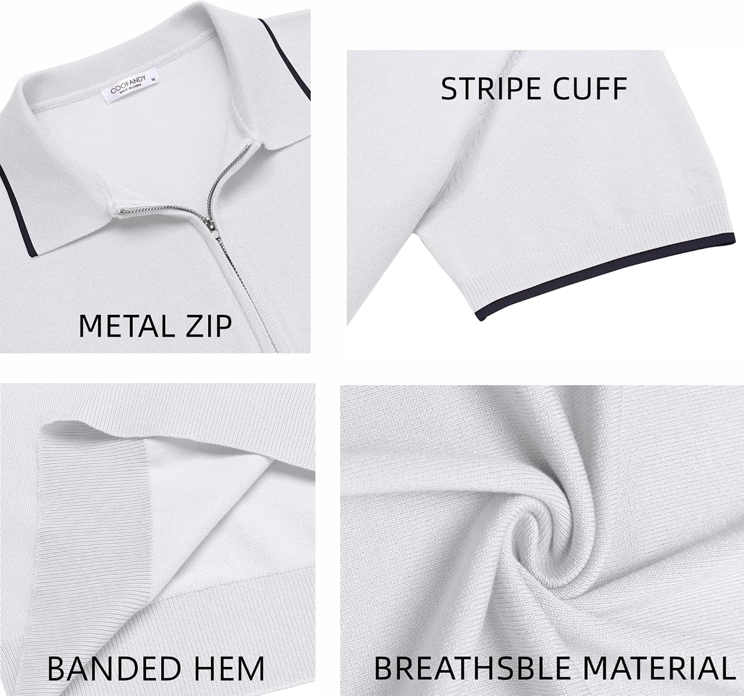 image:imageCOOFANDY Mens Zipper Polo Shirt Casual Knit Short Sleeve Polo Golf T ShirtWhite