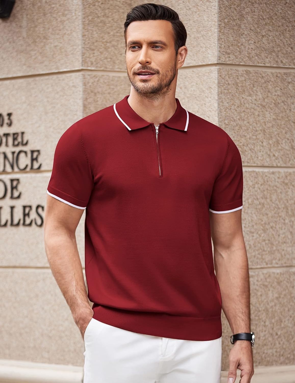 image:imageCOOFANDY Mens Zipper Polo Shirt Casual Knit Short Sleeve Polo Golf T ShirtWine Red