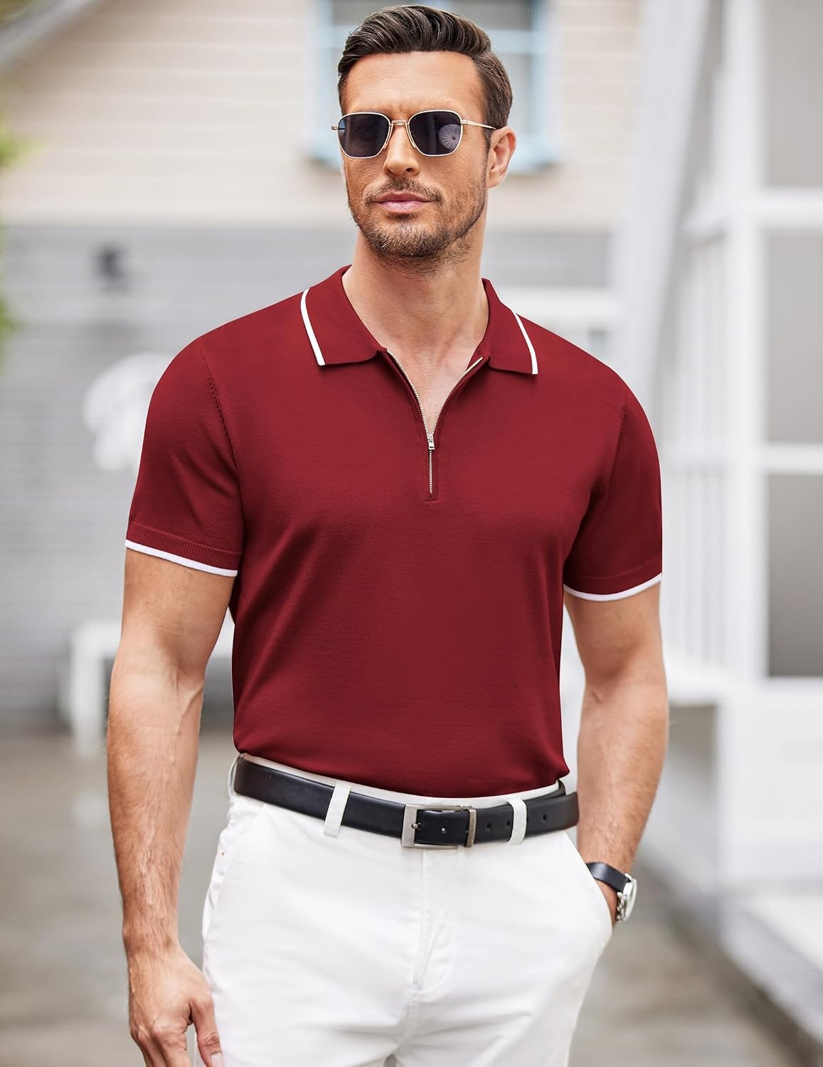 image:imageCOOFANDY Mens Zipper Polo Shirt Casual Knit Short Sleeve Polo Golf T ShirtWine Red