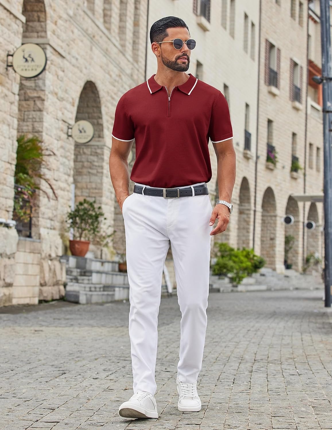 image:imageCOOFANDY Mens Zipper Polo Shirt Casual Knit Short Sleeve Polo Golf T ShirtWine Red