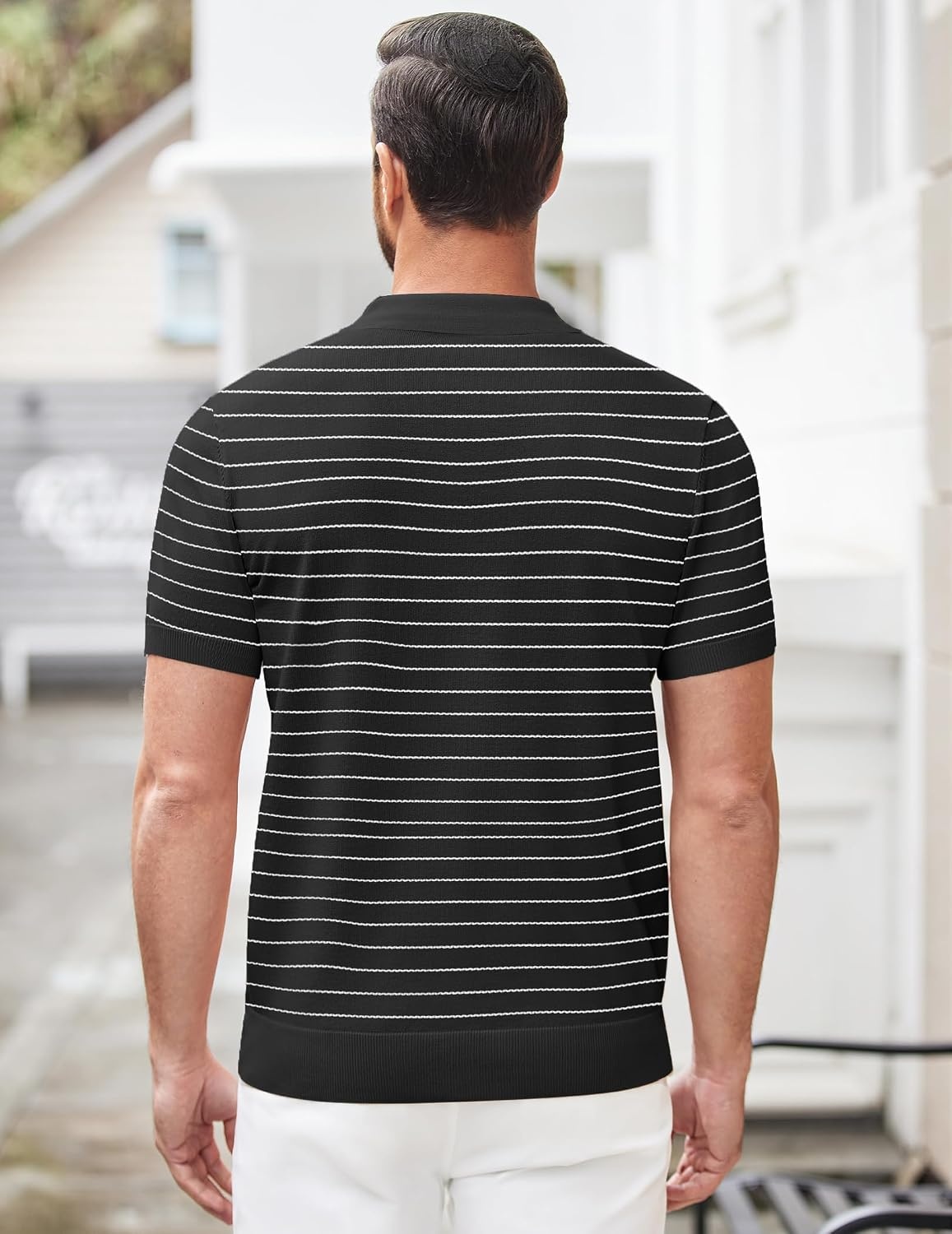 image:imageCOOFANDY Mens Zipper Polo Shirt Casual Knit Short Sleeve Polo Golf T ShirtZstripes Black