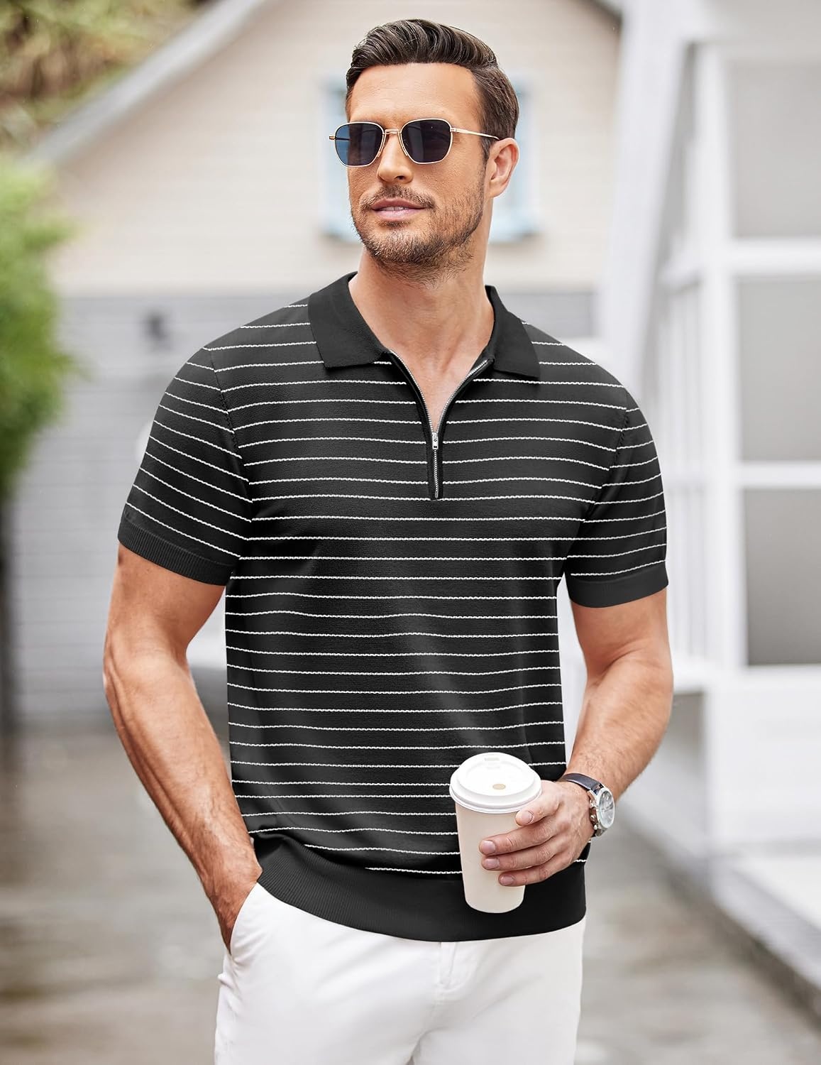 image:imageCOOFANDY Mens Zipper Polo Shirt Casual Knit Short Sleeve Polo Golf T ShirtZstripes Black