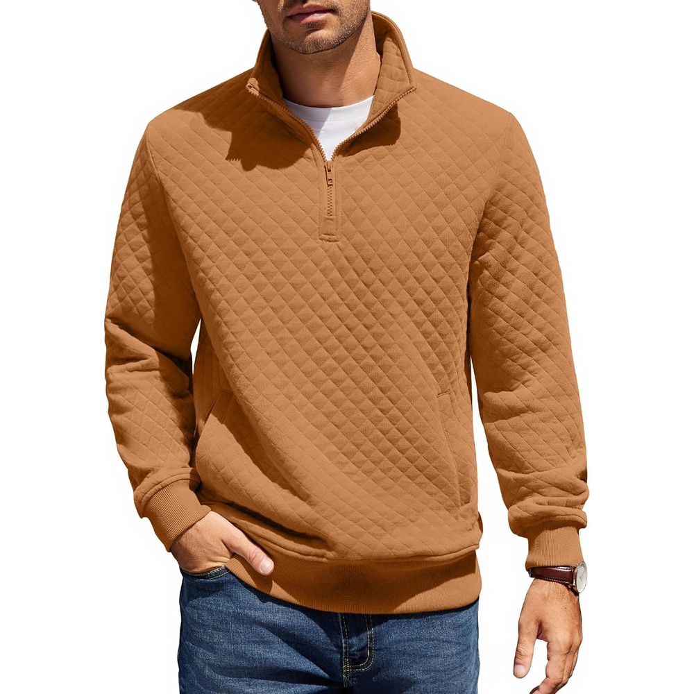 image:imageCOOFANDY Mens Quarter Zip Pullover Sweatshirt Casual Mock Neck Sweater 2026Light Brown