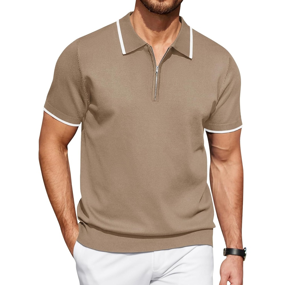 image:imageCOOFANDY Mens Zipper Polo Shirt Casual Knit Short Sleeve Polo Golf T Shirt1khaki