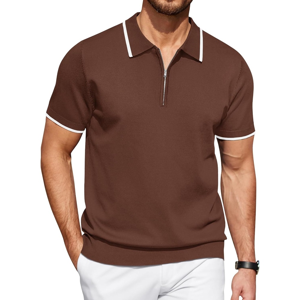 image:imageCOOFANDY Mens Zipper Polo Shirt Casual Knit Short Sleeve Polo Golf T ShirtBrown