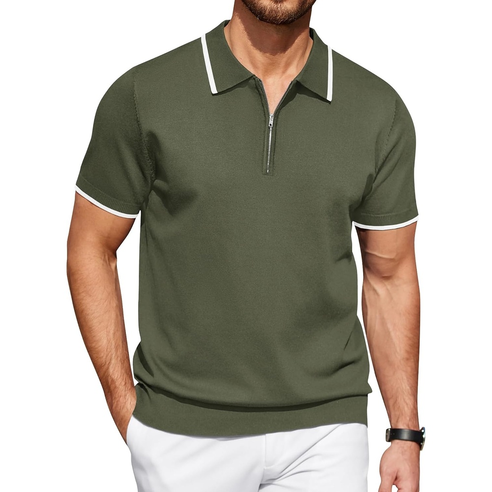 image:imageCOOFANDY Mens Zipper Polo Shirt Casual Knit Short Sleeve Polo Golf T ShirtEarmy Green