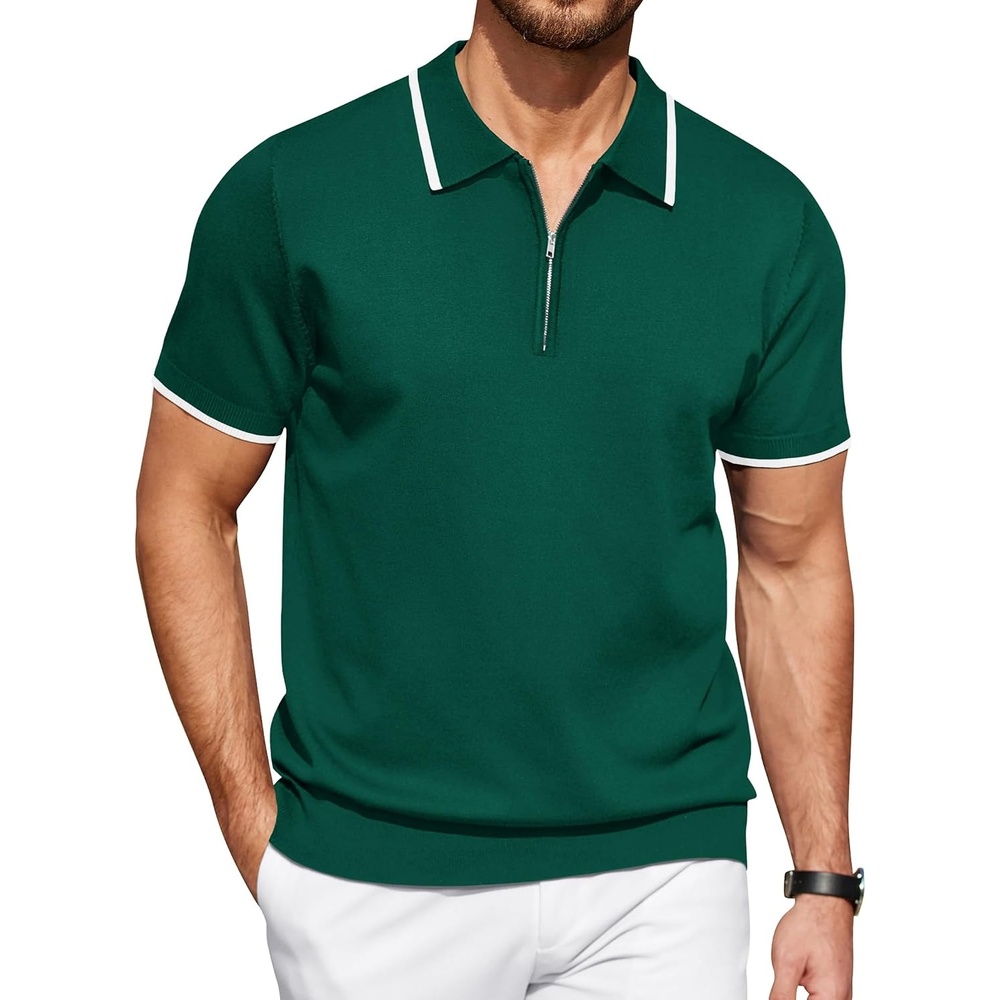 image:imageCOOFANDY Mens Zipper Polo Shirt Casual Knit Short Sleeve Polo Golf T ShirtGreen
