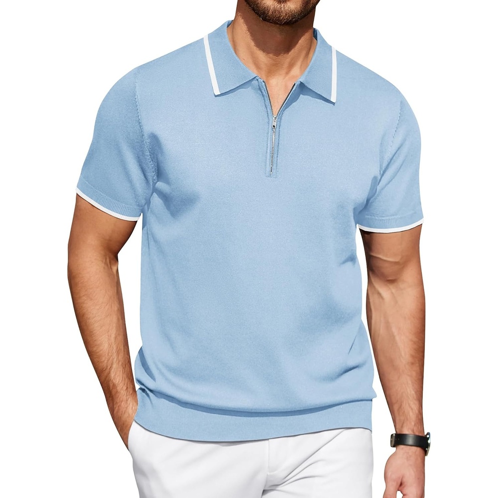 image:imageCOOFANDY Mens Zipper Polo Shirt Casual Knit Short Sleeve Polo Golf T ShirtLight Blue