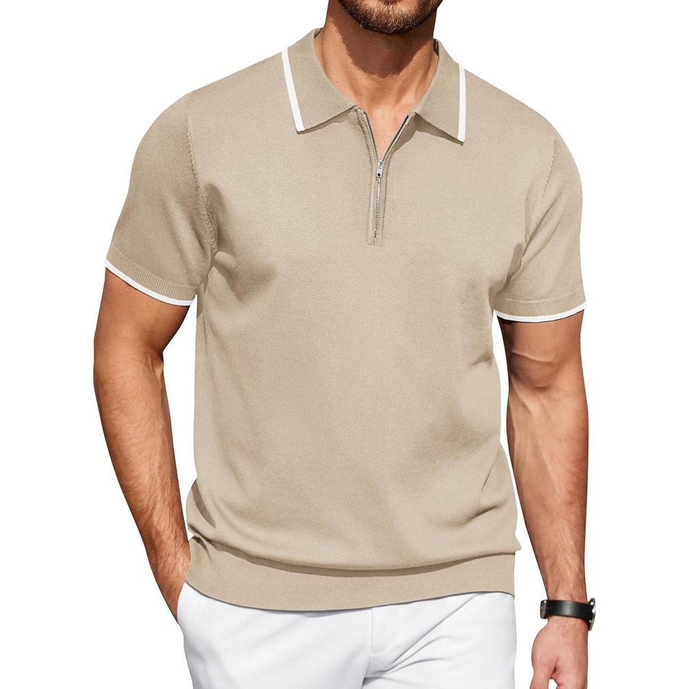 image:imageCOOFANDY Mens Zipper Polo Shirt Casual Knit Short Sleeve Polo Golf T ShirtLight Khaki