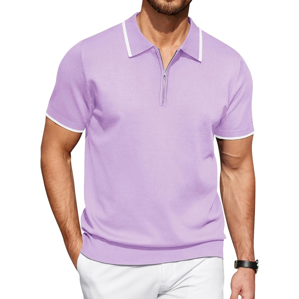 image:imageCOOFANDY Mens Zipper Polo Shirt Casual Knit Short Sleeve Polo Golf T ShirtLight Purple
