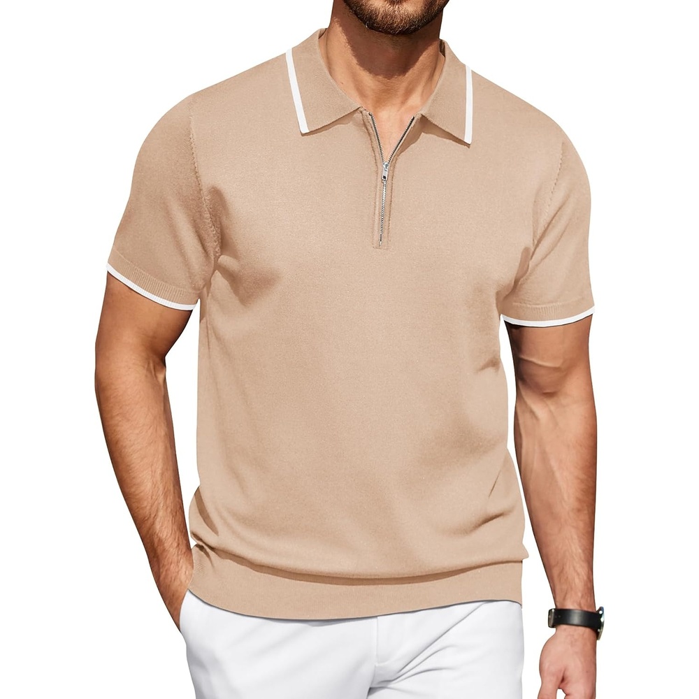 image:imageCOOFANDY Mens Zipper Polo Shirt Casual Knit Short Sleeve Polo Golf T ShirtLight Tan