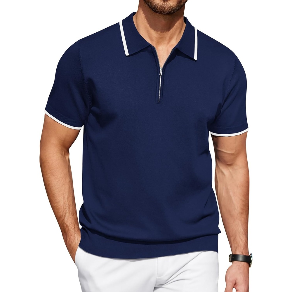 image:imageCOOFANDY Mens Zipper Polo Shirt Casual Knit Short Sleeve Polo Golf T ShirtNavy Blue
