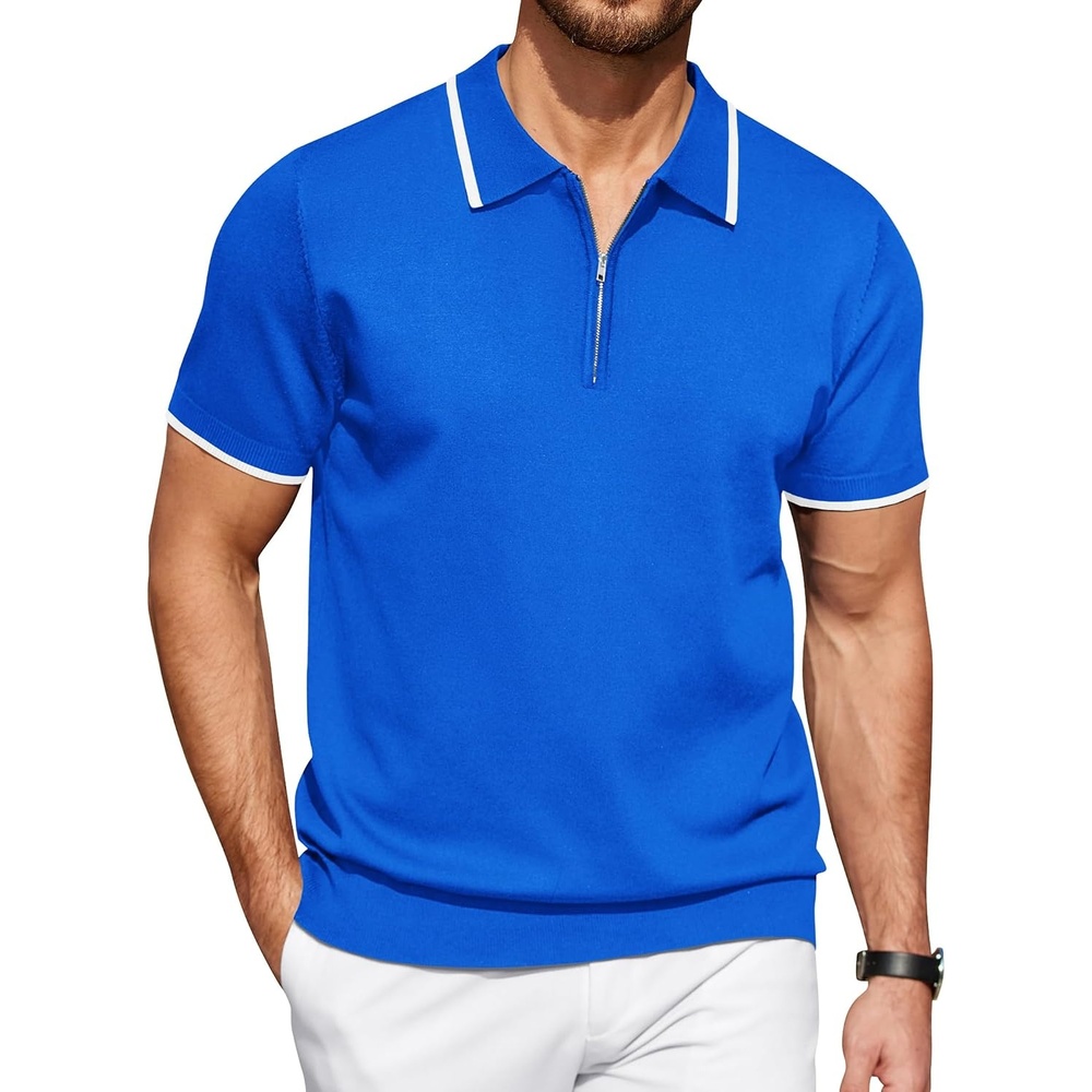 image:imageCOOFANDY Mens Zipper Polo Shirt Casual Knit Short Sleeve Polo Golf T ShirtRoyal Blue