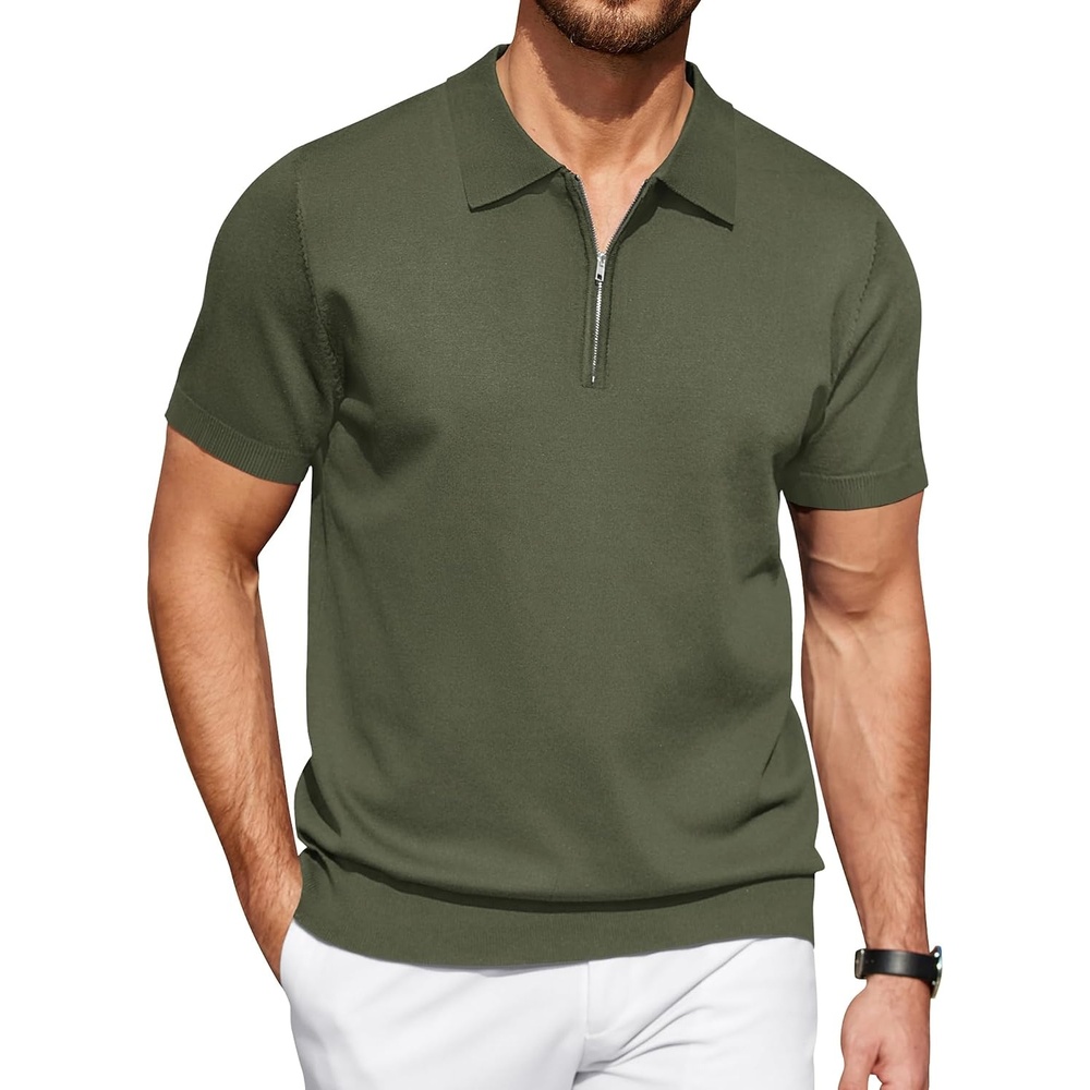 image:imageCOOFANDY Mens Zipper Polo Shirt Casual Knit Short Sleeve Polo Golf T ShirtSolid Army Green