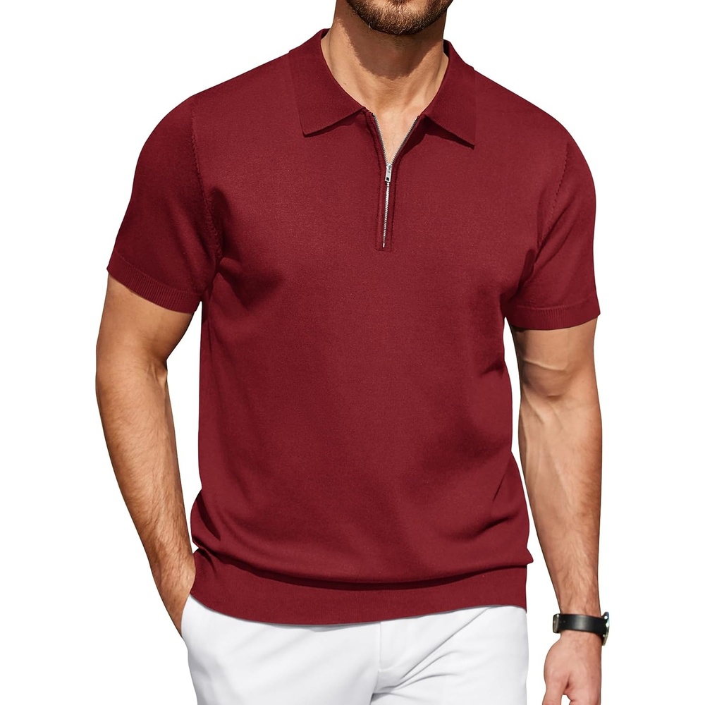 image:imageCOOFANDY Mens Zipper Polo Shirt Casual Knit Short Sleeve Polo Golf T ShirtSolid Wine Red