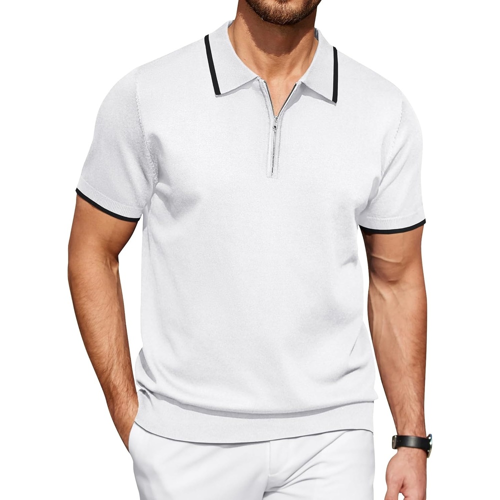 image:imageCOOFANDY Mens Zipper Polo Shirt Casual Knit Short Sleeve Polo Golf T ShirtWhite