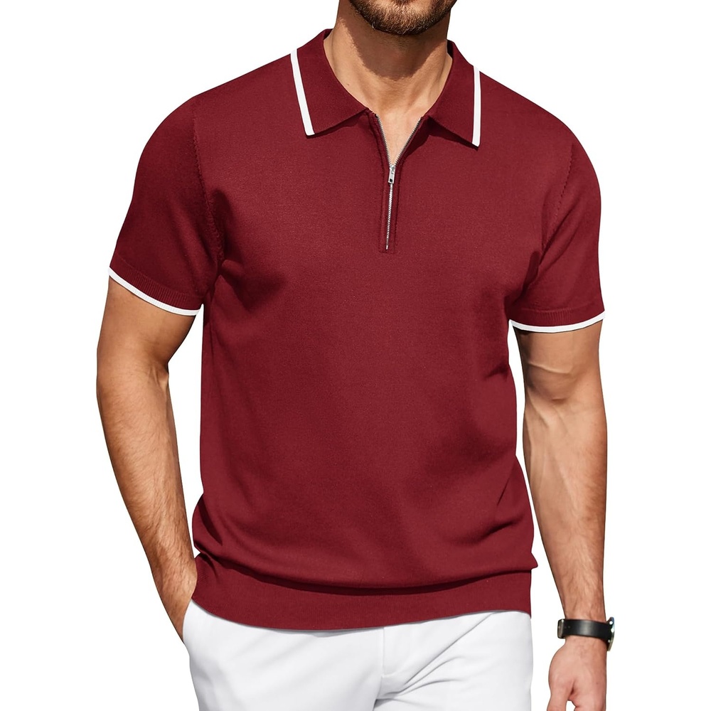 image:imageCOOFANDY Mens Zipper Polo Shirt Casual Knit Short Sleeve Polo Golf T ShirtWine Red