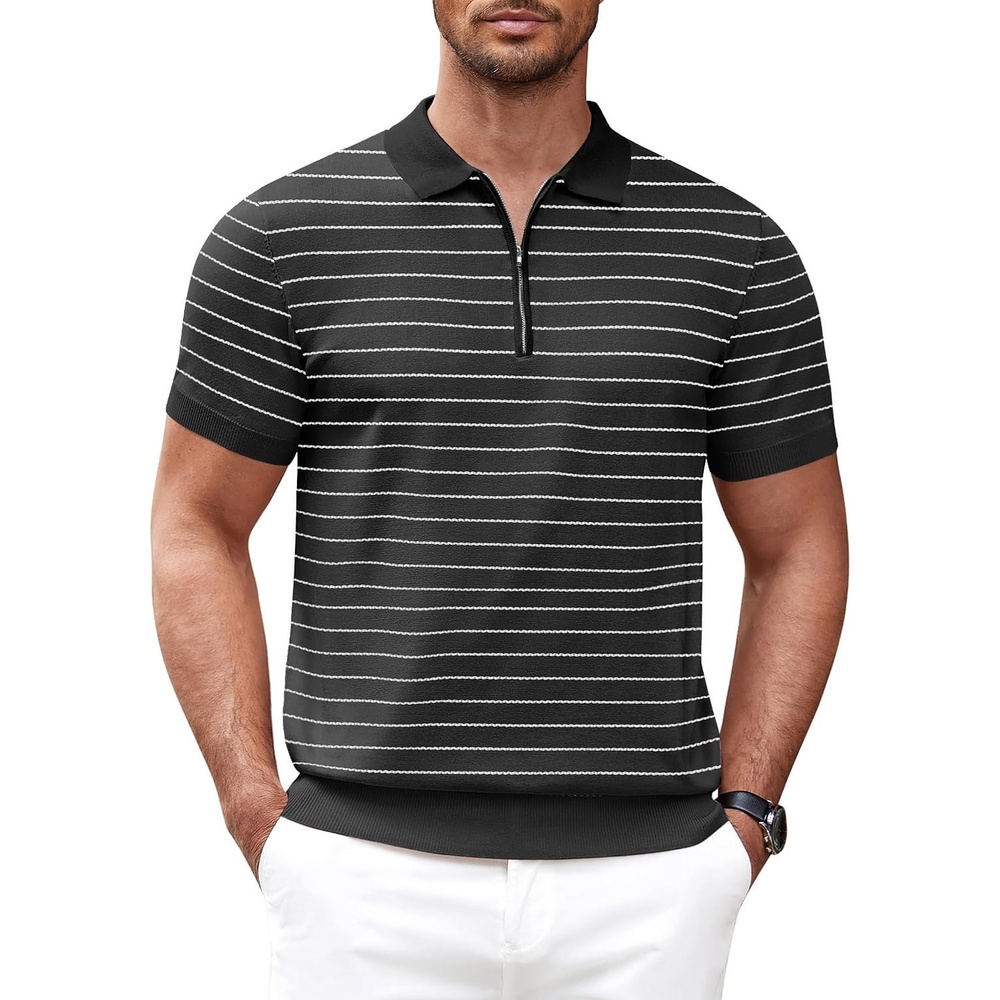 image:imageCOOFANDY Mens Zipper Polo Shirt Casual Knit Short Sleeve Polo Golf T ShirtZstripes Black