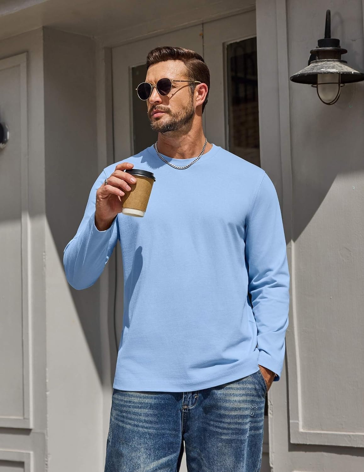 image:imageCOOFANDY Mens Long Sleeve Tee Shirts Cotton Casual Basic TShirtsLight Blue