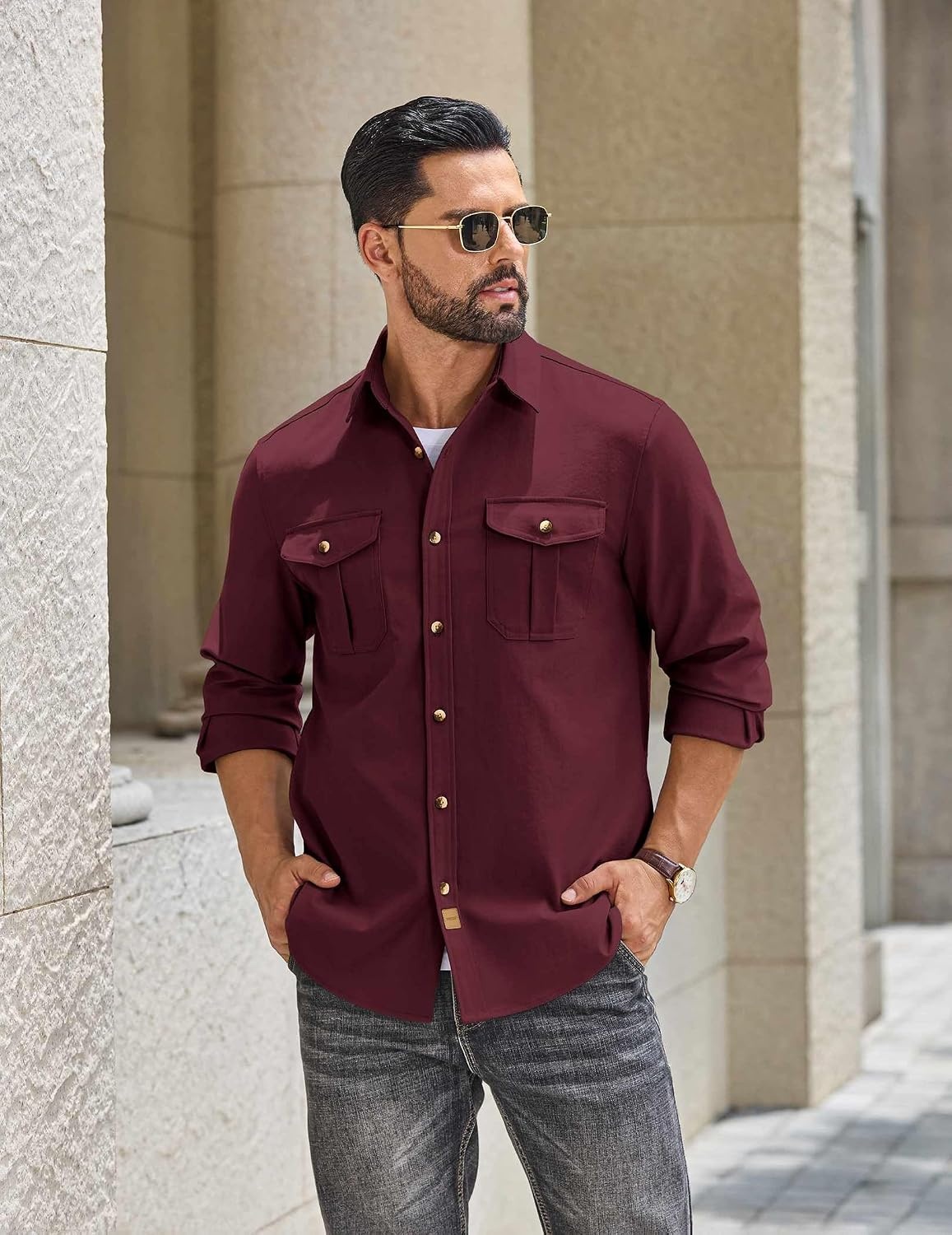 image:imageCOOFANDY Mens Long Sleeve Button Down Lightweight Shirt Jacket with PocketWine Red