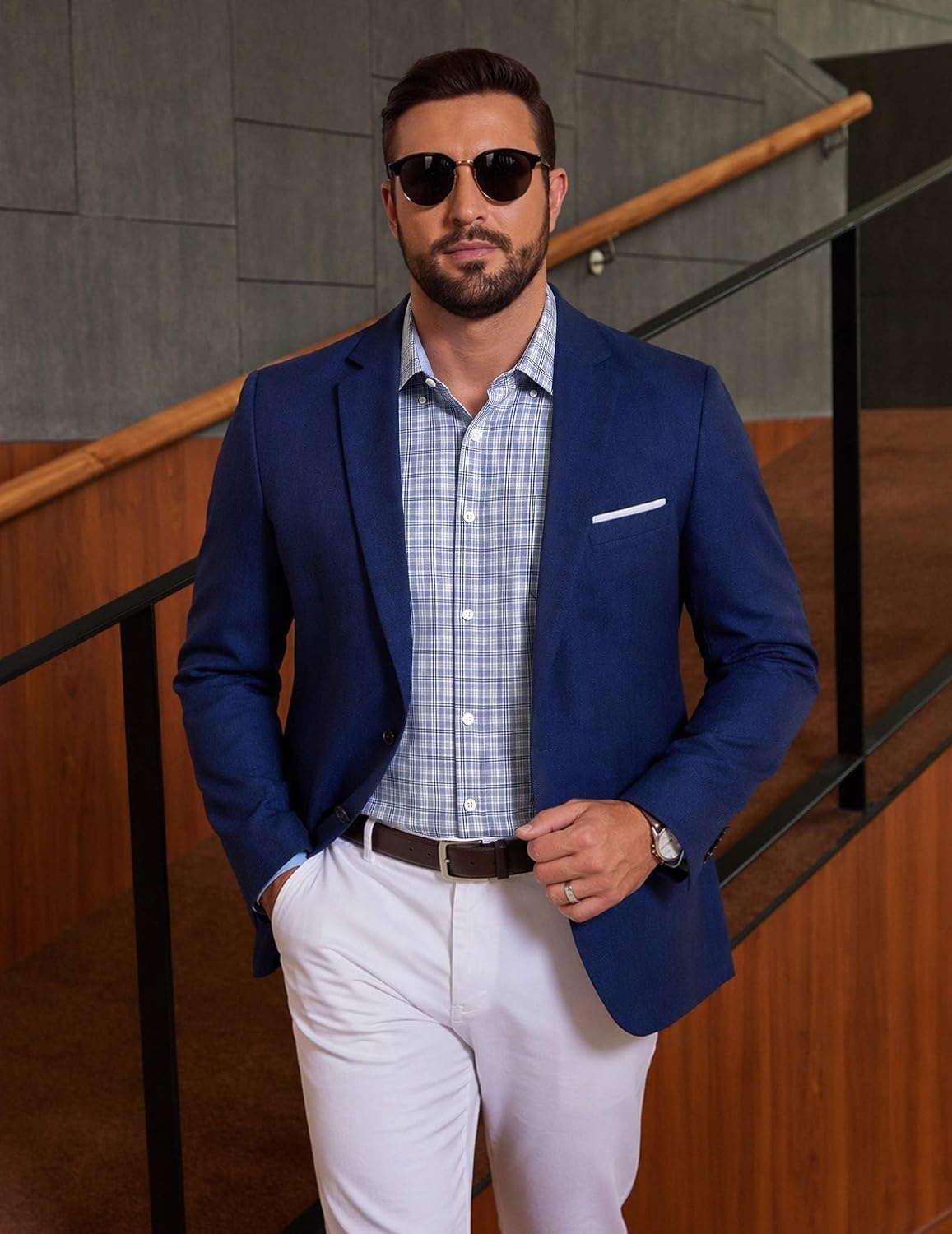 image:imageCOOFANDY Mens Plaid Dress Shirts Big and Tall 1X6X Long Sleeve Cotton Button Down Shirt Bussiness Casual ShirtsLight Grey White Navy Plaid