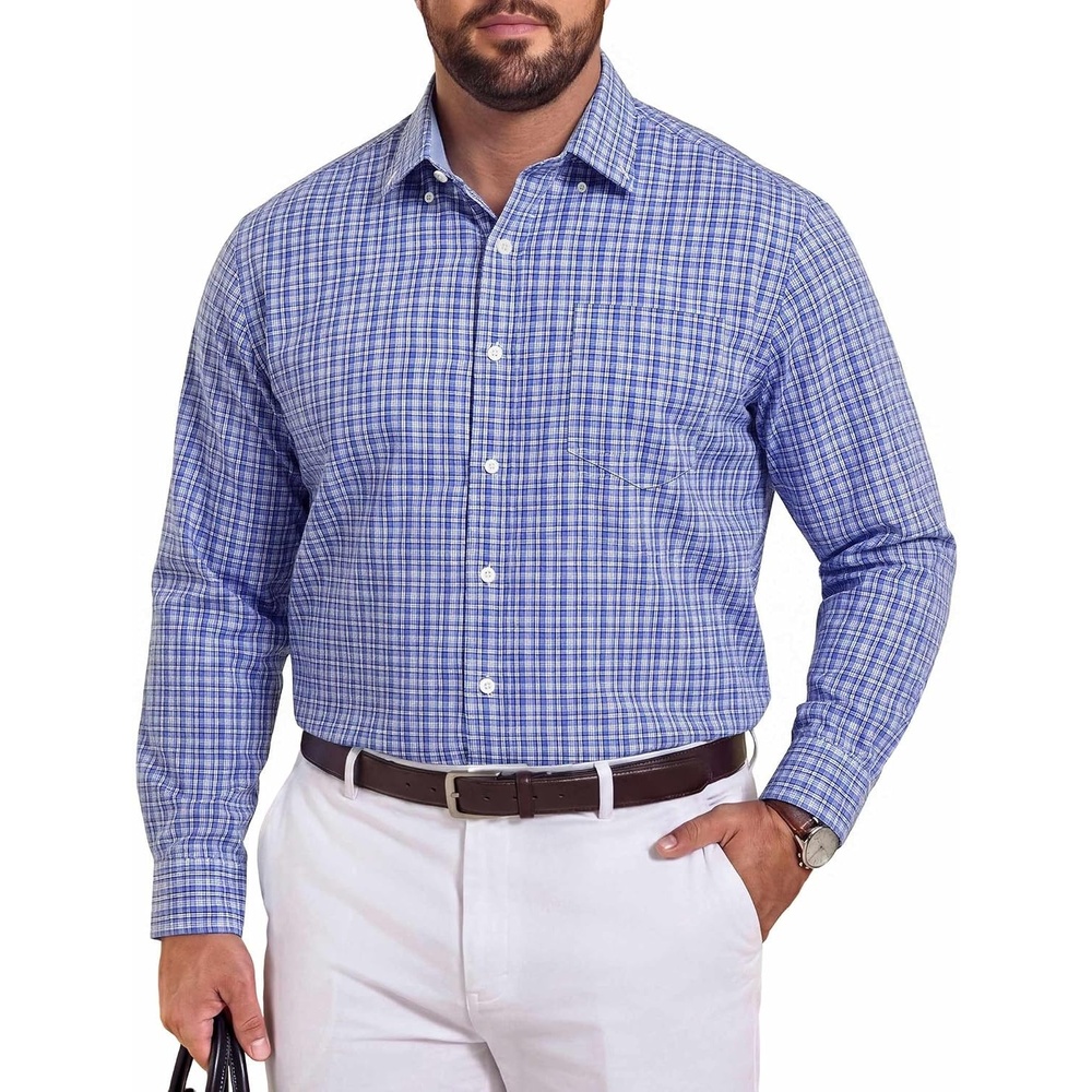 image:imageCOOFANDY Mens Plaid Dress Shirts Big and Tall 1X6X Long Sleeve Cotton Button Down Shirt Bussiness Casual ShirtsBlue White Black Plaid