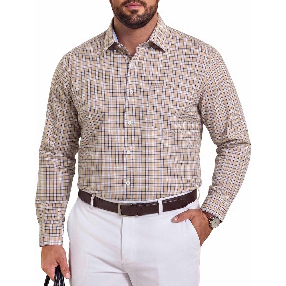 image:imageCOOFANDY Mens Plaid Dress Shirts Big and Tall 1X6X Long Sleeve Cotton Button Down Shirt Bussiness Casual ShirtsKhaki White Black Plaid