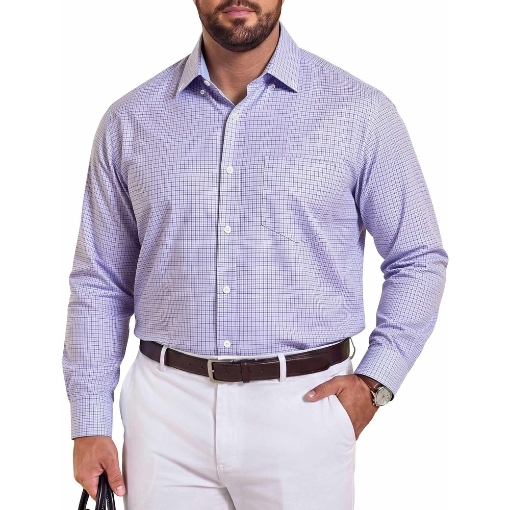 image:imageCOOFANDY Mens Plaid Dress Shirts Big and Tall 1X6X Long Sleeve Cotton Button Down Shirt Bussiness Casual ShirtsLight Blue Lavender White Plaid