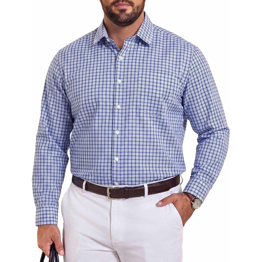 image:imageCOOFANDY Mens Plaid Dress Shirts Big and Tall 1X6X Long Sleeve Cotton Button Down Shirt Bussiness Casual ShirtsWhite Blue Navy Plaid