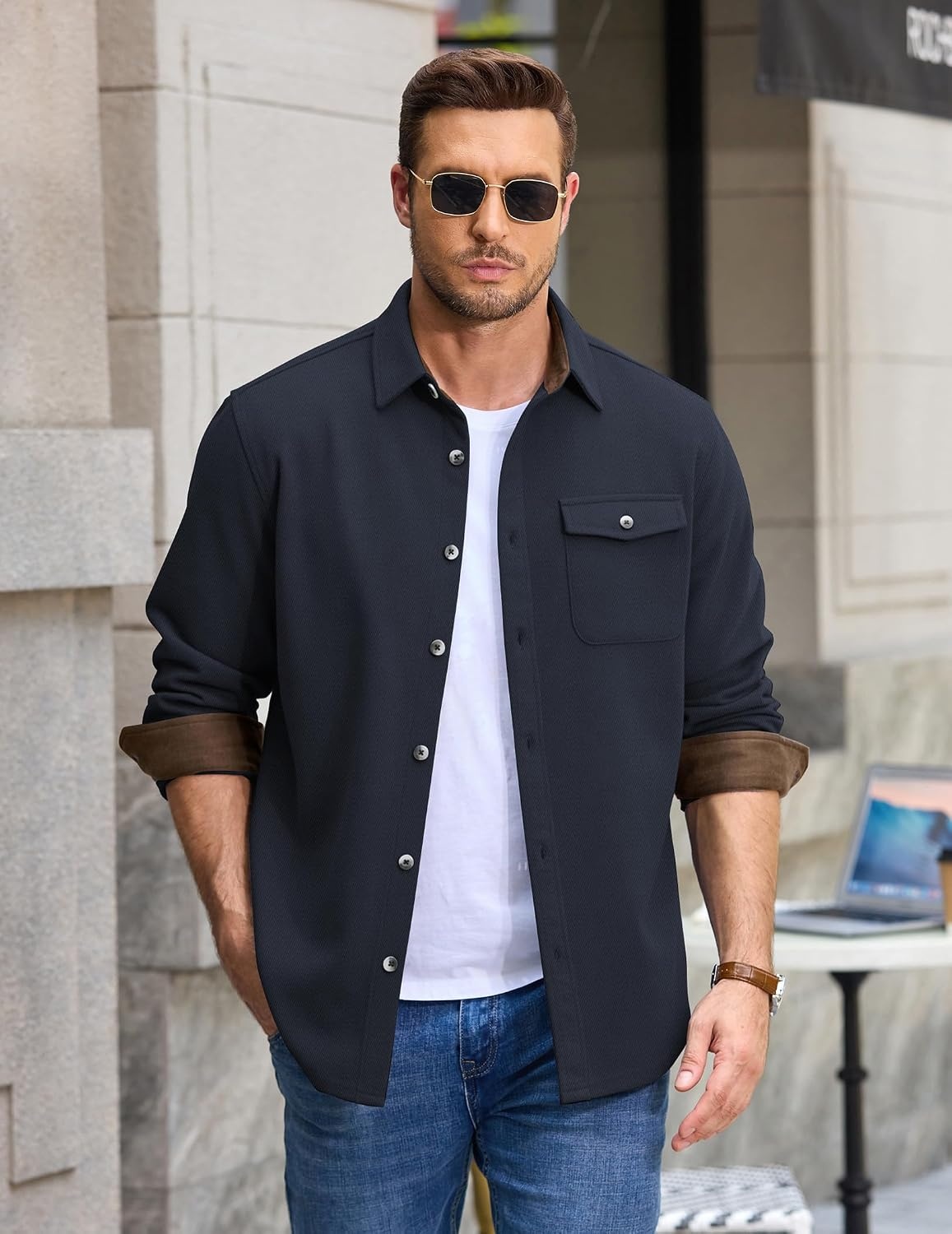 image:imageCOOFANDY Mens Button Down Shirt Jacket Long Sleeve Flannel ShirtsDark Blue