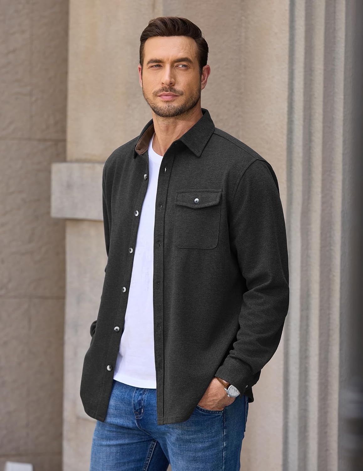 image:imageCOOFANDY Mens Button Down Shirt Jacket Long Sleeve Flannel ShirtsDark Gray Heather