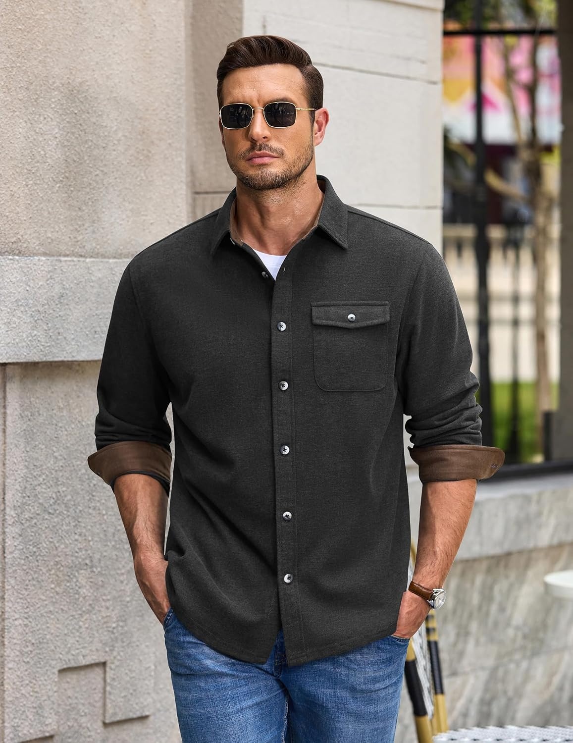 image:imageCOOFANDY Mens Button Down Shirt Jacket Long Sleeve Flannel ShirtsDark Gray Heather