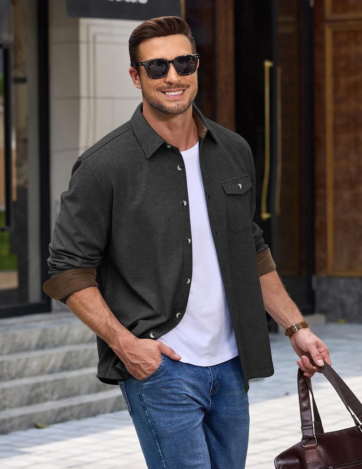 image:imageCOOFANDY Mens Button Down Shirt Jacket Long Sleeve Flannel ShirtsDark Gray Heather