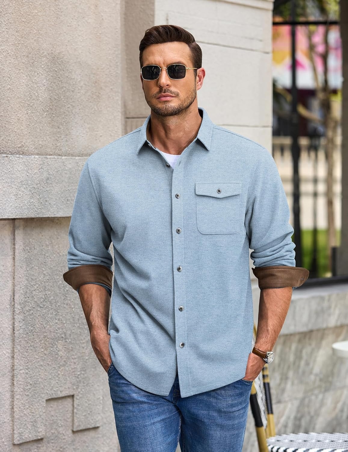 image:imageCOOFANDY Mens Button Down Shirt Jacket Long Sleeve Flannel ShirtsLight Blue Heather