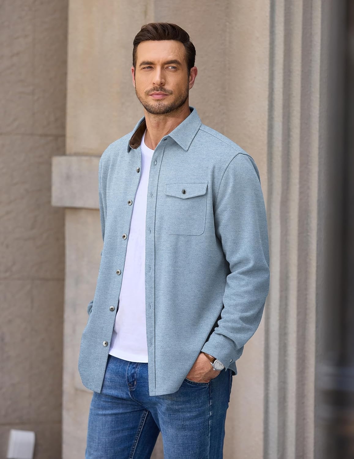 image:imageCOOFANDY Mens Button Down Shirt Jacket Long Sleeve Flannel ShirtsLight Blue Heather