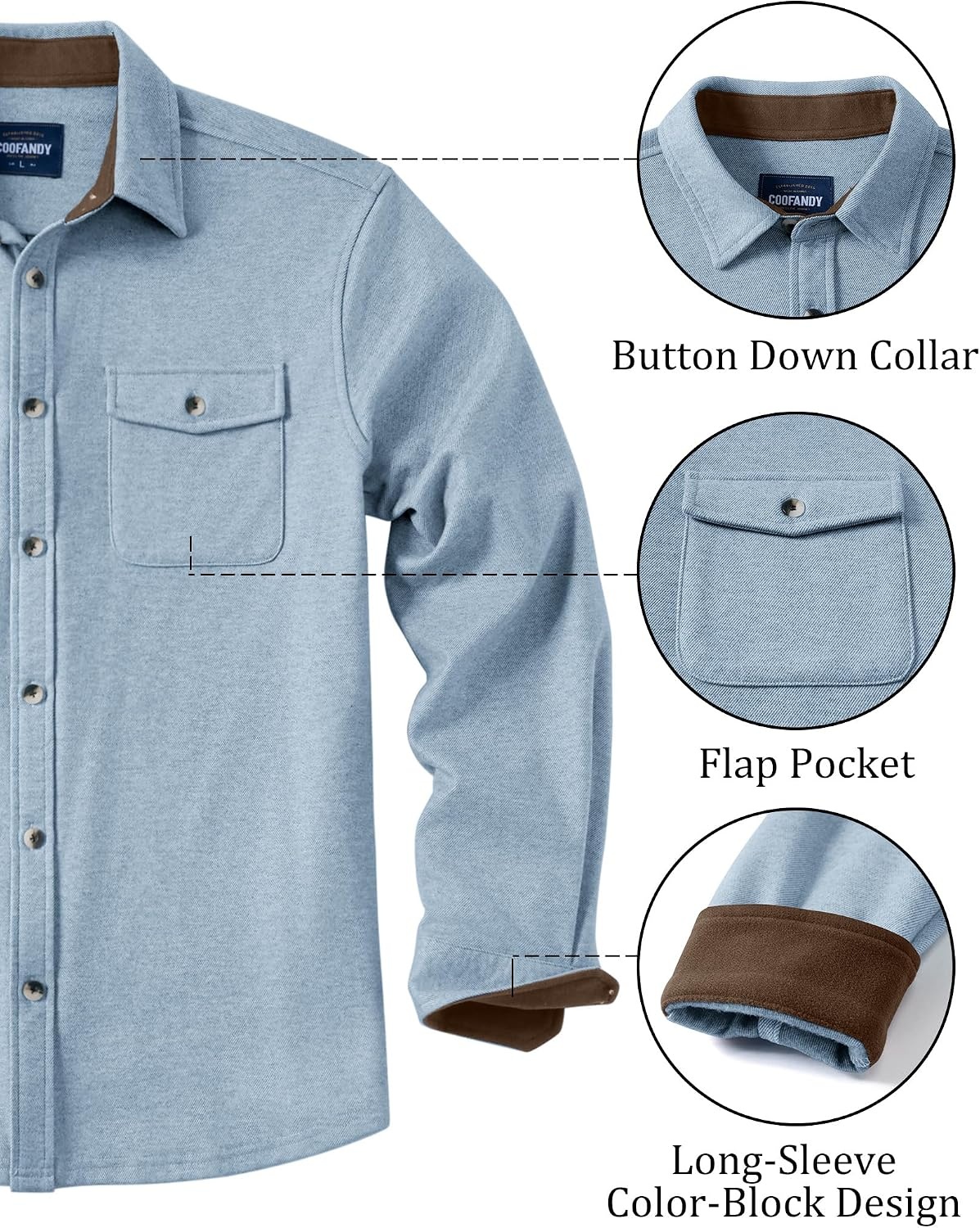 image:imageCOOFANDY Mens Button Down Shirt Jacket Long Sleeve Flannel ShirtsLight Blue Heather