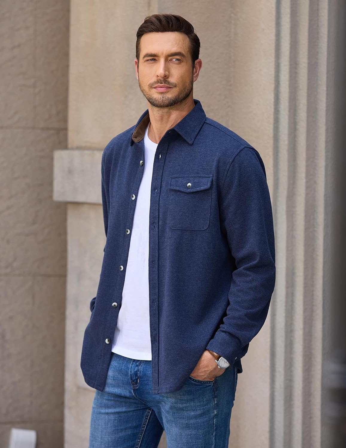 image:imageCOOFANDY Mens Button Down Shirt Jacket Long Sleeve Flannel ShirtsNavy Blue Heather