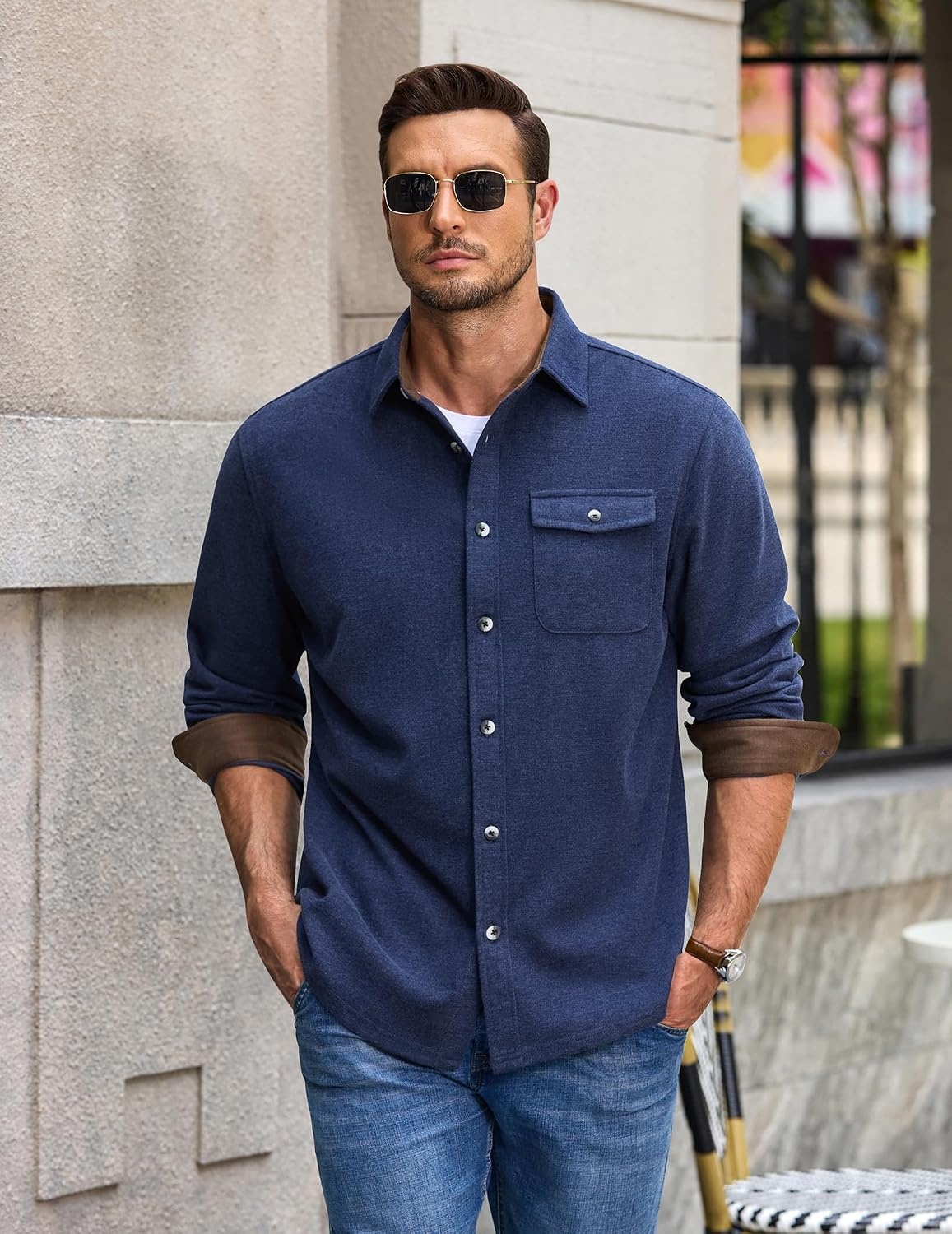 image:imageCOOFANDY Mens Button Down Shirt Jacket Long Sleeve Flannel ShirtsNavy Blue Heather