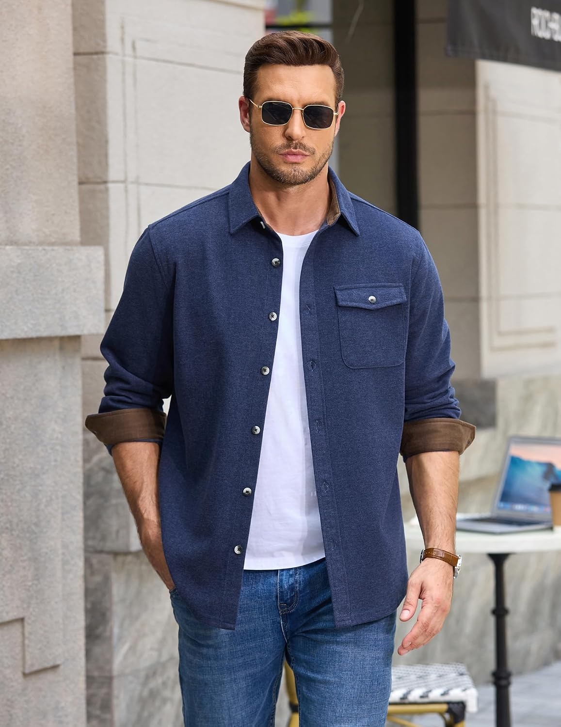 image:imageCOOFANDY Mens Button Down Shirt Jacket Long Sleeve Flannel ShirtsNavy Blue Heather