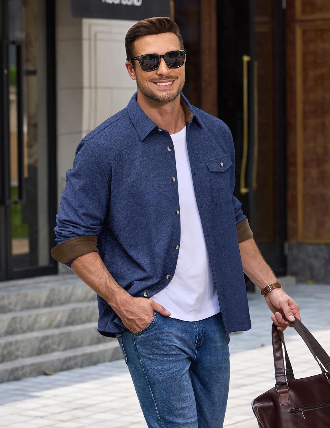image:imageCOOFANDY Mens Button Down Shirt Jacket Long Sleeve Flannel ShirtsNavy Blue Heather