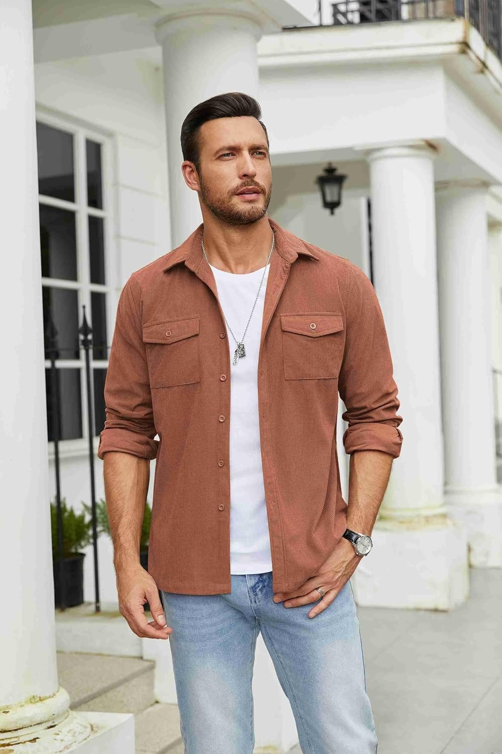 image:imageCOOFANDY Mens Button Down Waffle Shirt Jacket Casual Long Sleeve Shacket Lightweight Overshirts with Flap PocketsCaramel