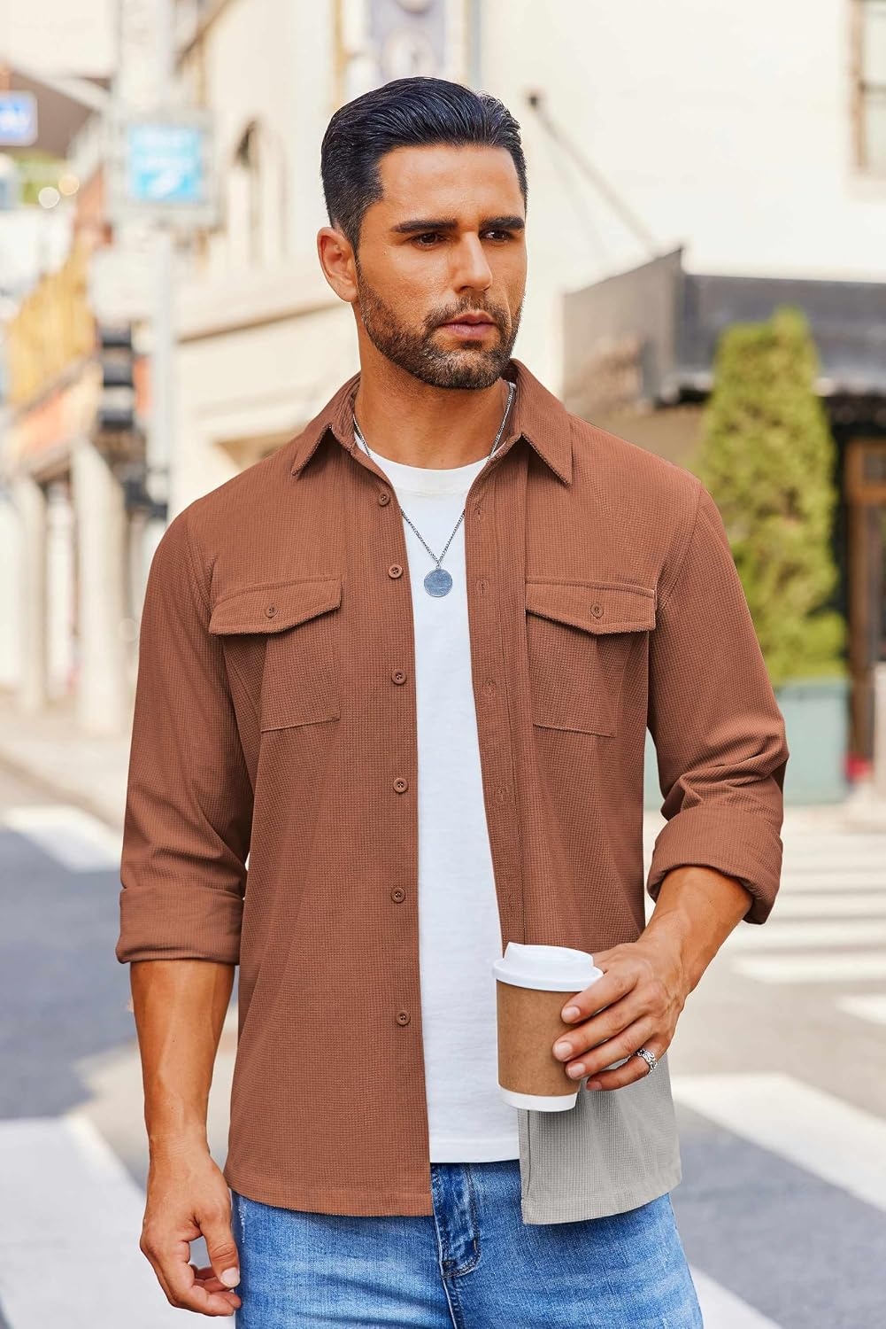 image:imageCOOFANDY Mens Button Down Waffle Shirt Jacket Casual Long Sleeve Shacket Lightweight Overshirts with Flap PocketsCaramel