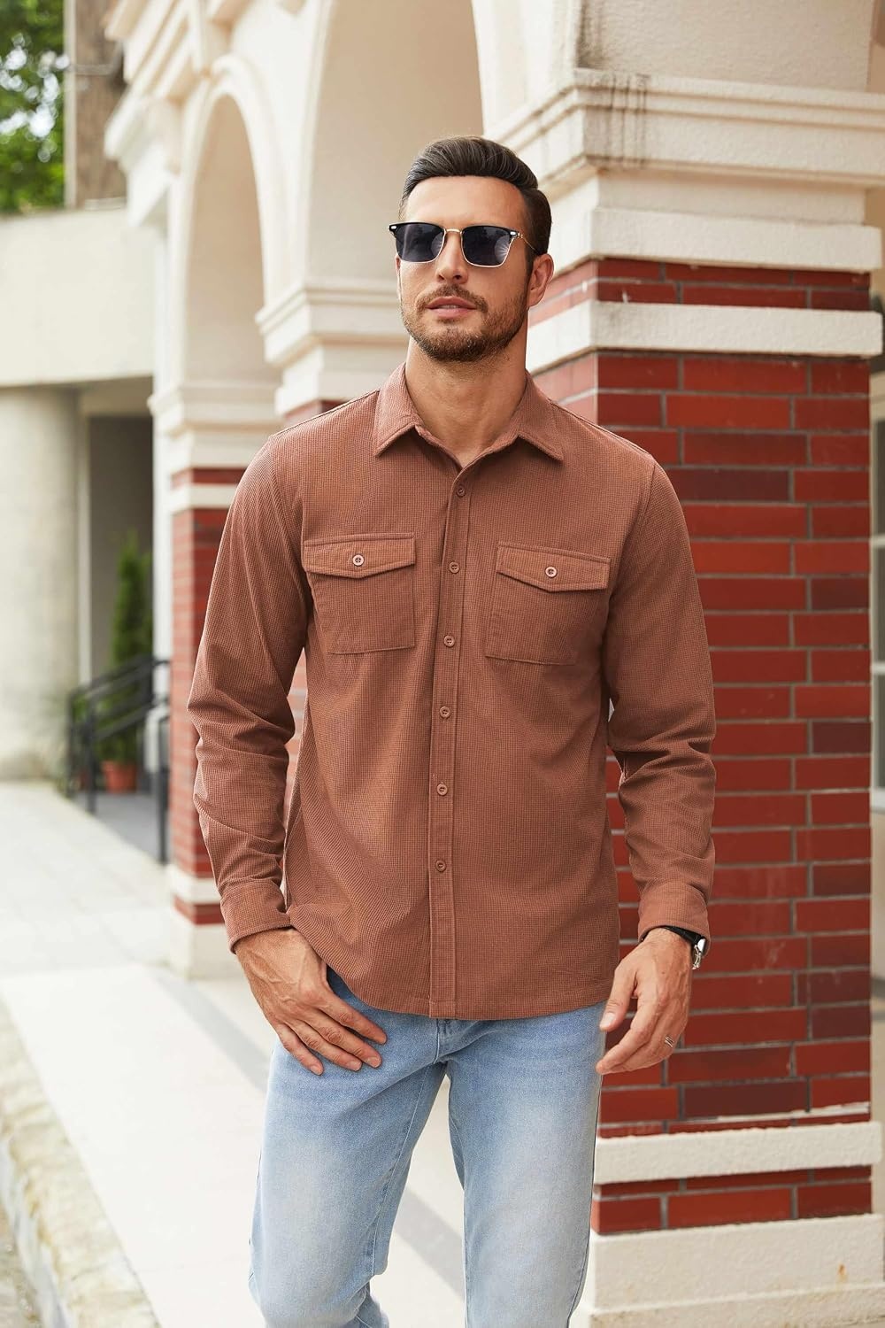 image:imageCOOFANDY Mens Button Down Waffle Shirt Jacket Casual Long Sleeve Shacket Lightweight Overshirts with Flap PocketsCaramel