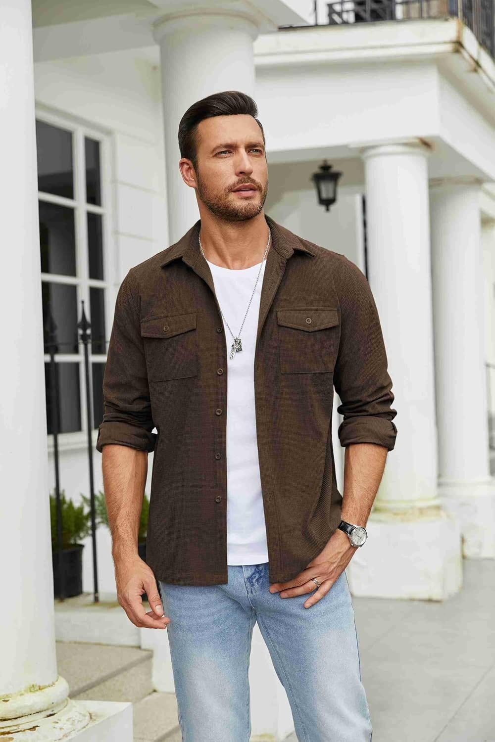 image:imageCOOFANDY Mens Button Down Waffle Shirt Jacket Casual Long Sleeve Shacket Lightweight Overshirts with Flap PocketsChestnut Brown