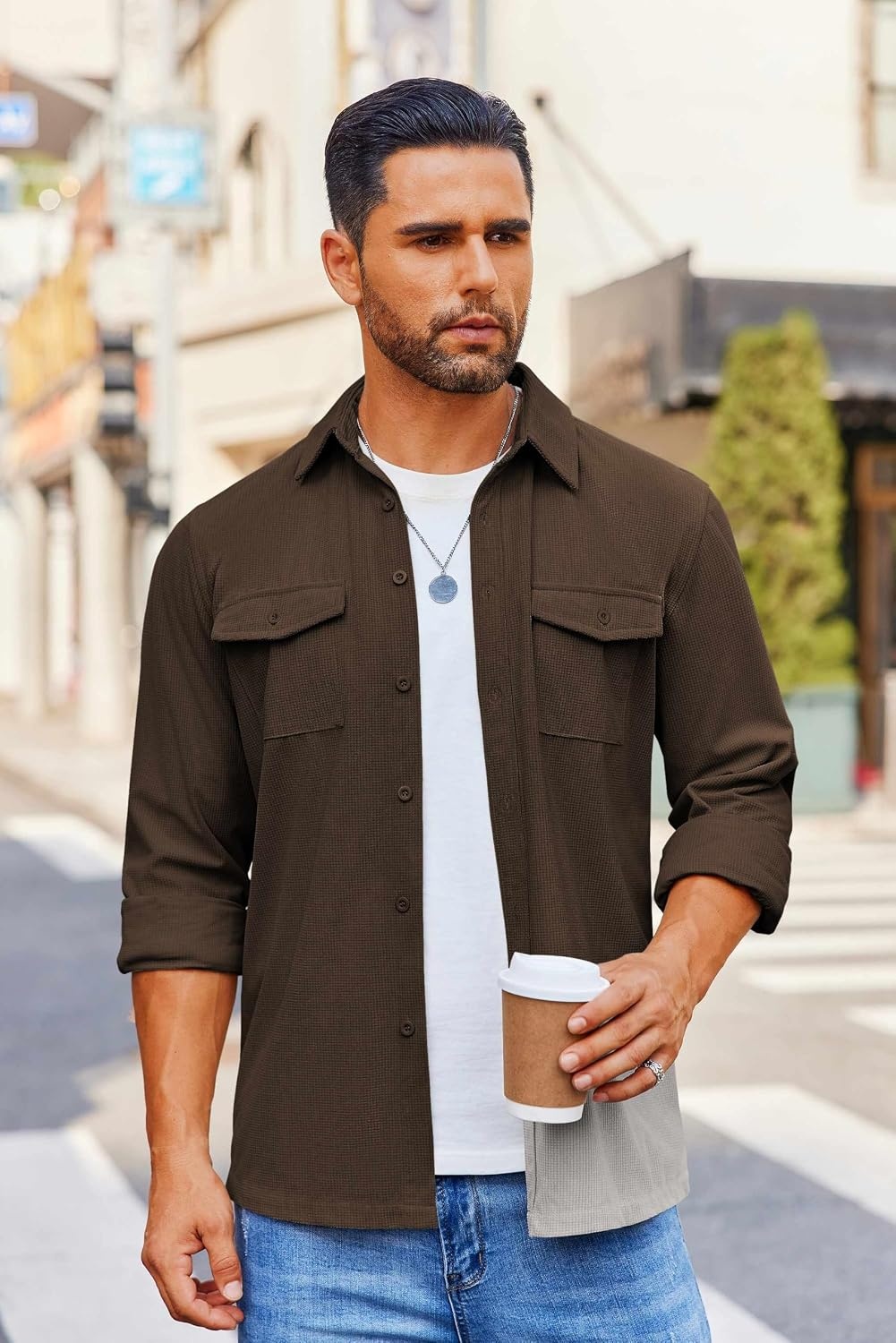 image:imageCOOFANDY Mens Button Down Waffle Shirt Jacket Casual Long Sleeve Shacket Lightweight Overshirts with Flap PocketsChestnut Brown