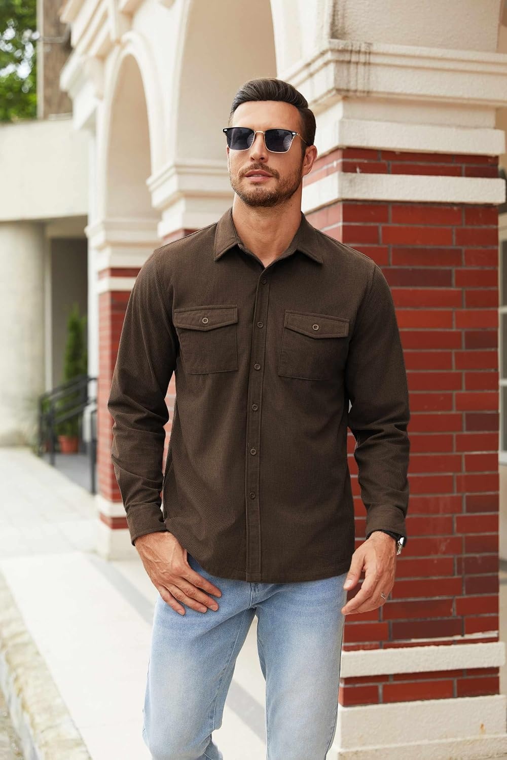 image:imageCOOFANDY Mens Button Down Waffle Shirt Jacket Casual Long Sleeve Shacket Lightweight Overshirts with Flap PocketsChestnut Brown