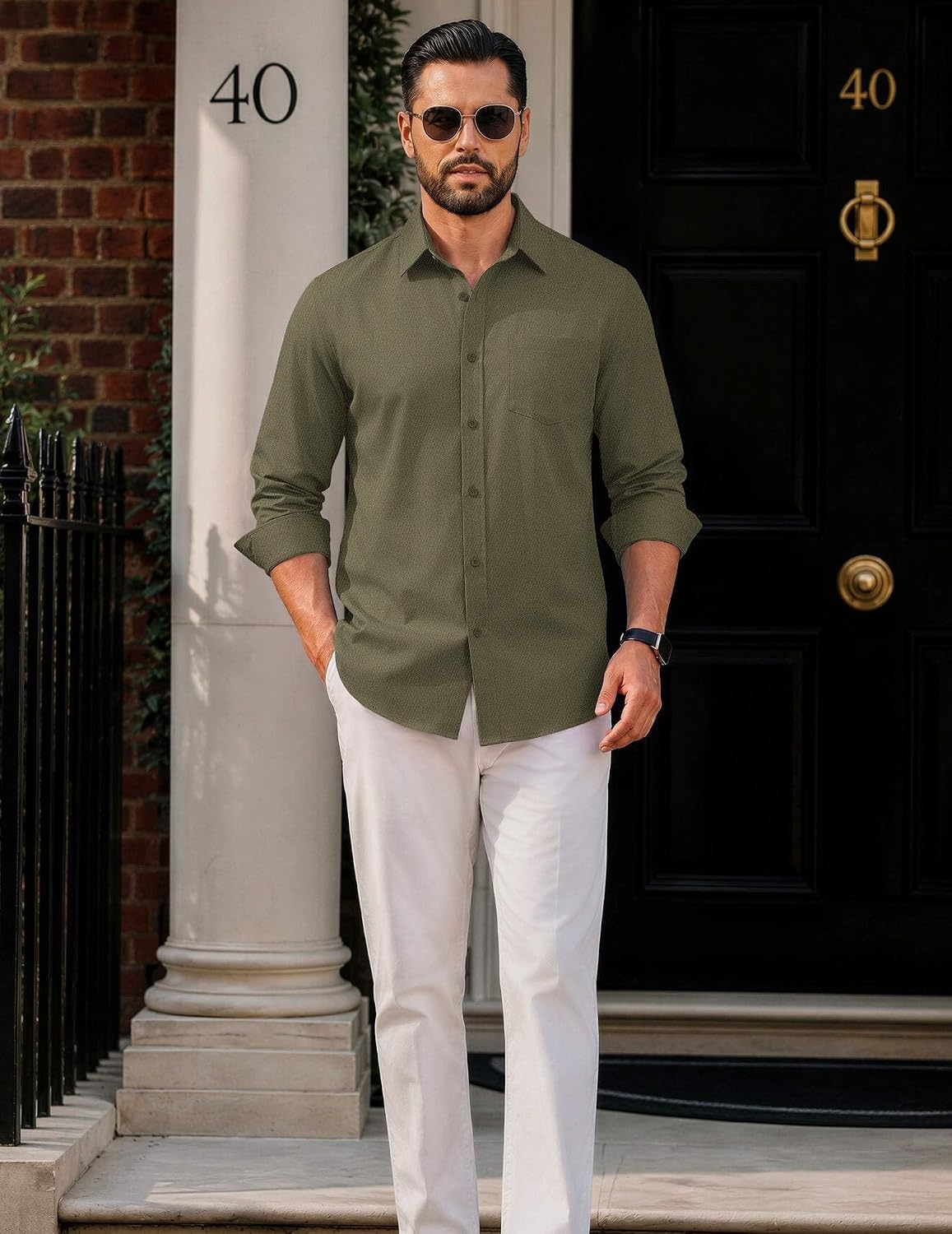 image:imageCOOFANDY Mens Casual Button Down Long Sleeve Shirt Denim Dress ShirtArmy Green